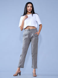 Pack Of 2 Womens Regular Fit Grey And Rani Pink Cotton Slub Belt Pant Combo