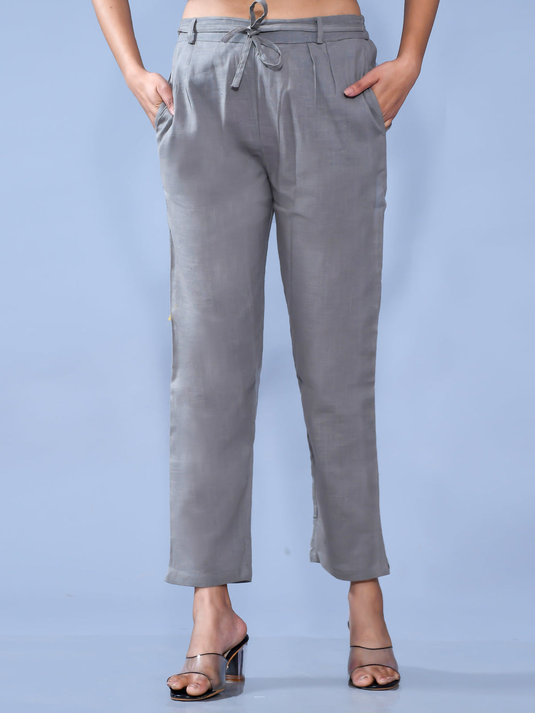 Pack Of 2 Womens Regular Fit Grey And Maroon Cotton Slub Belt Pant Combo