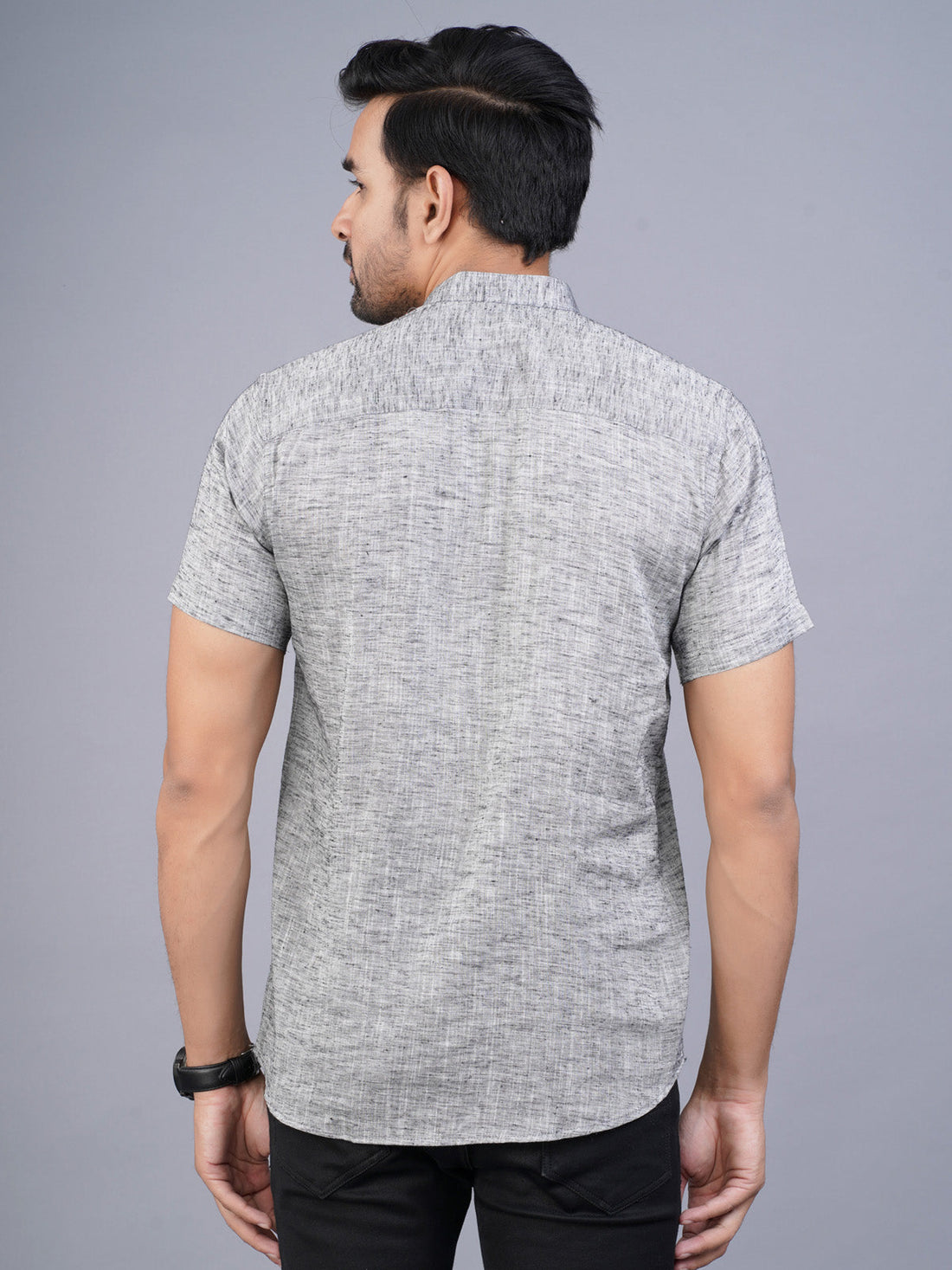 Mens Grey Short Sleeves Cotton Slub Kurta