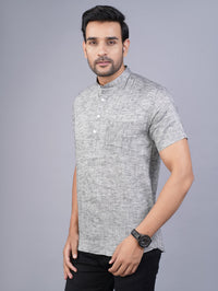 Mens Grey Short Sleeves Cotton Slub Kurta