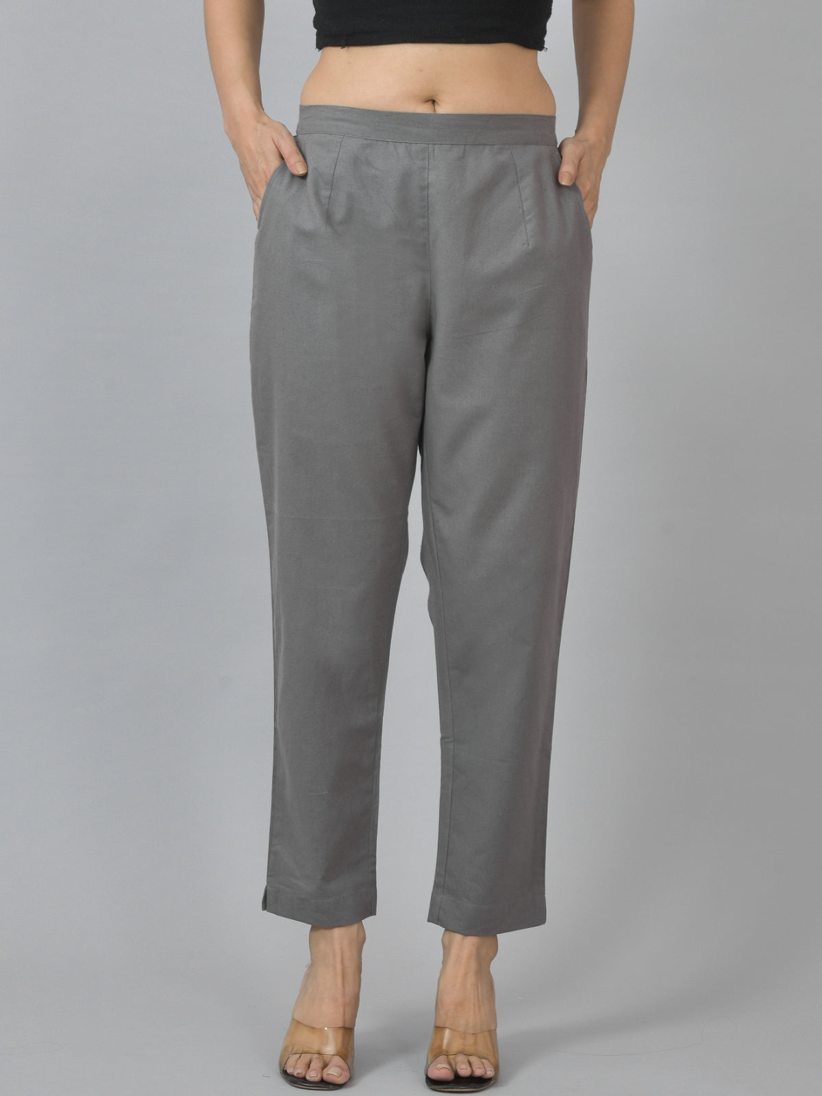 Women Regular Fit Deep Pocket Solid Grey Half Elastic Cotton Pants