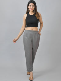 Women Regular Fit Deep Pocket Solid Grey Half Elastic Cotton Pants