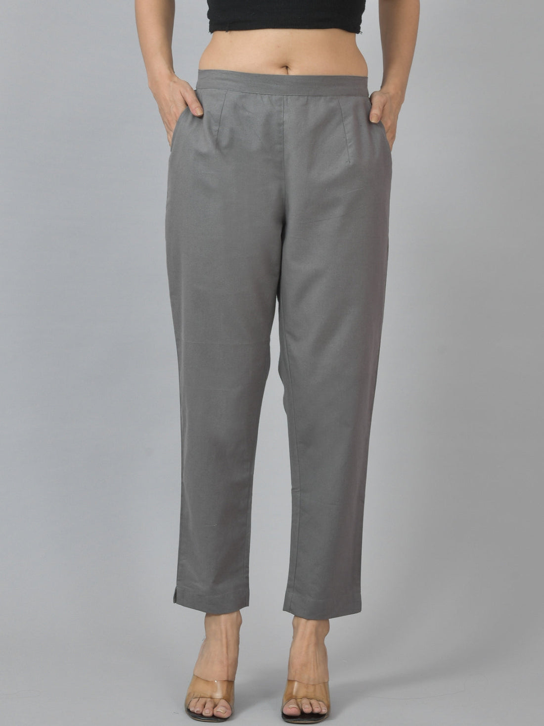 Pack Of 2 Womens Half Elastic Grey And Mehndi Green Deep Pocket Cotton Pants