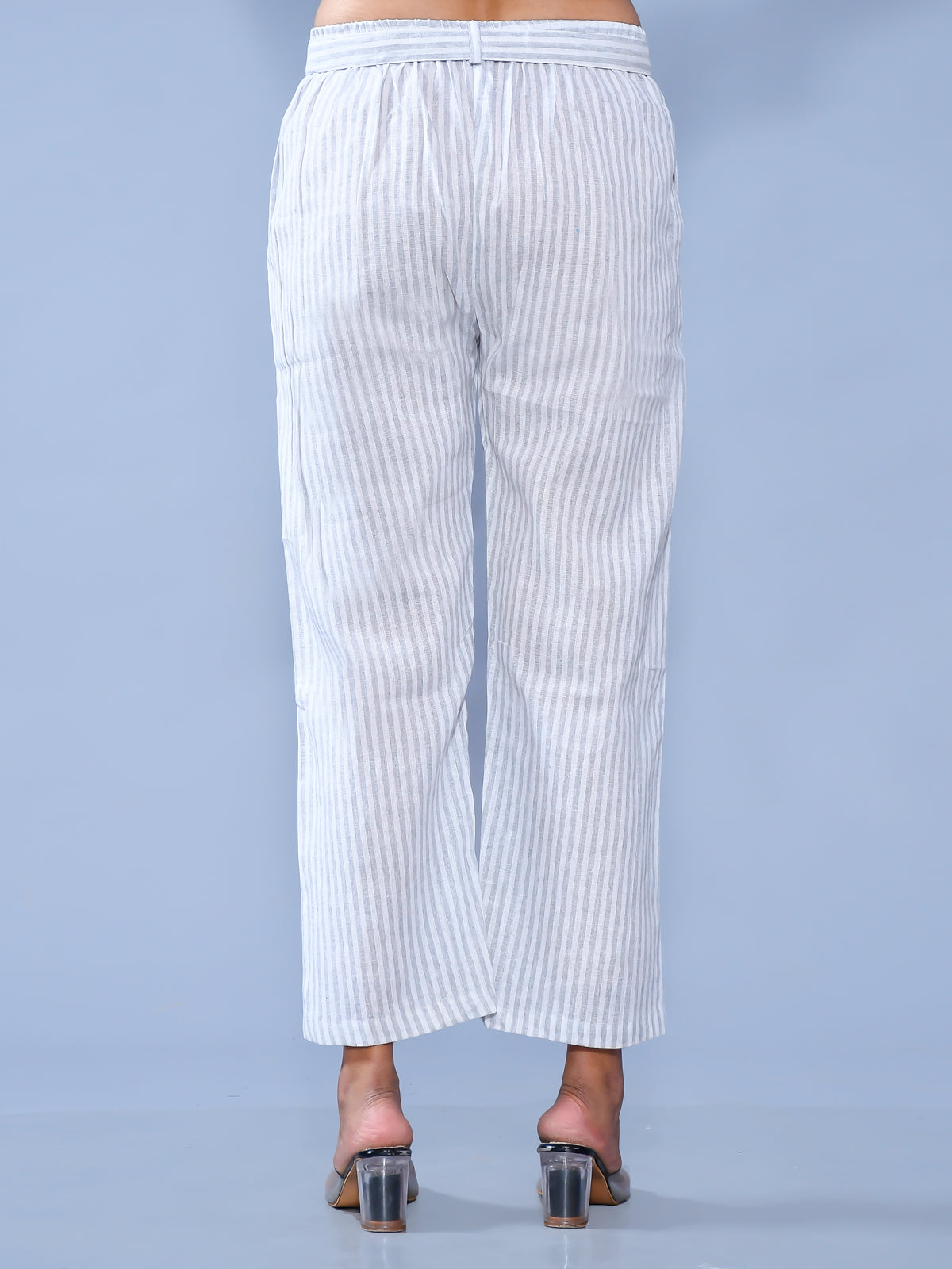 Women Grey Regular Fit Stripe Cotton Trouser