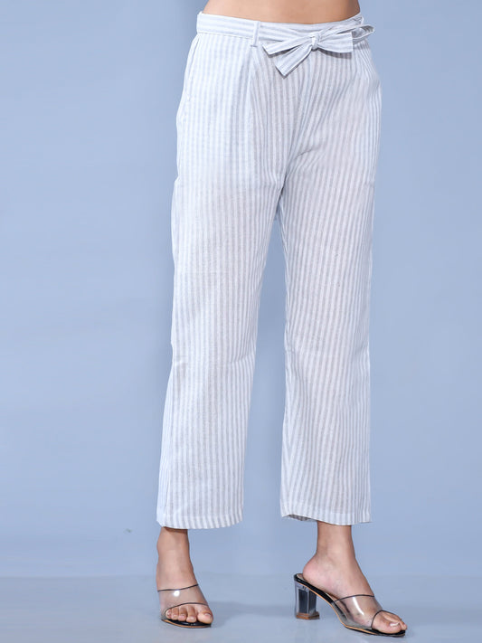 Women Grey Regular Fit Stripe Cotton Trouser