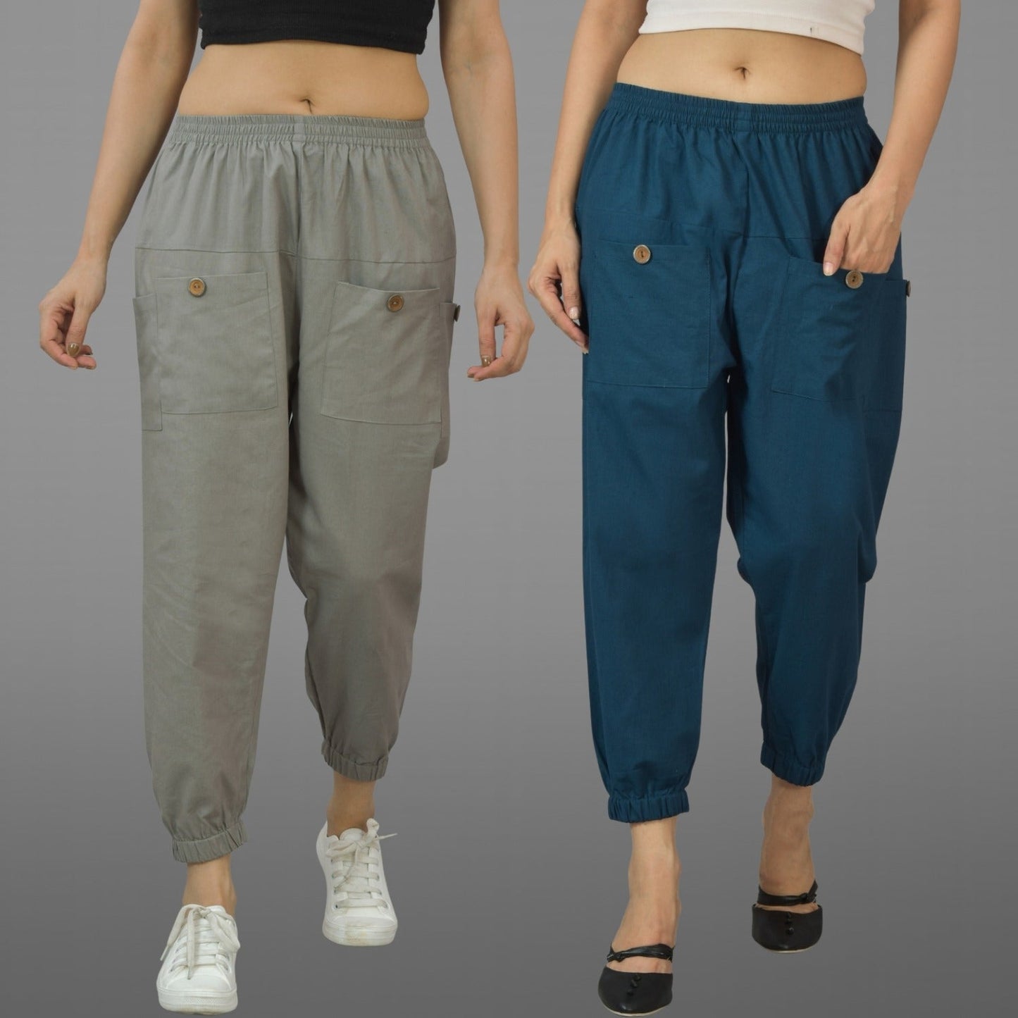 Combo Pack Of Womens Grey And Teal Blue Four Pocket Cotton Cargo Pants