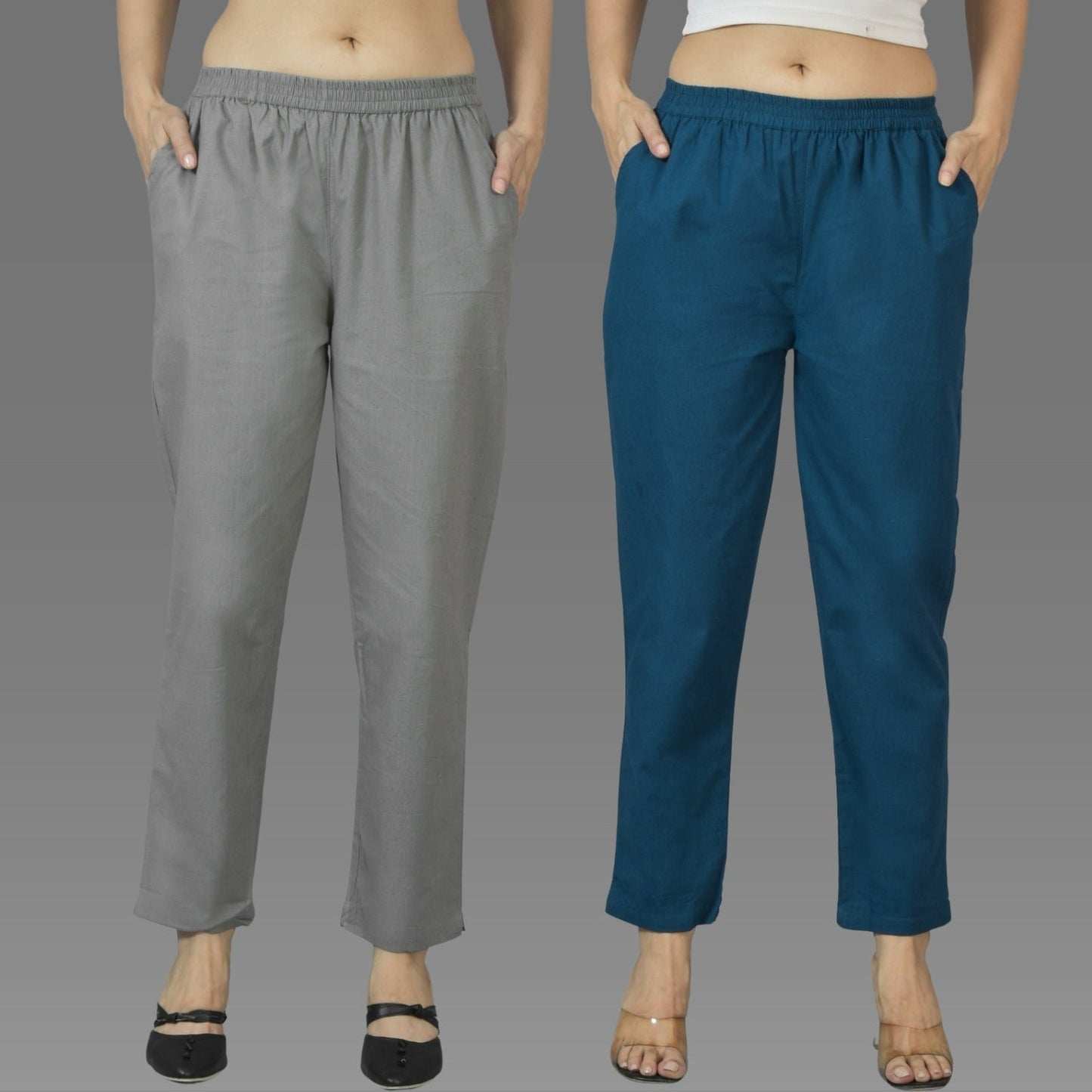 Pack Of 2 Womens Grey And Teal Blue Deep Pocket Fully Elastic Cotton Trouser
