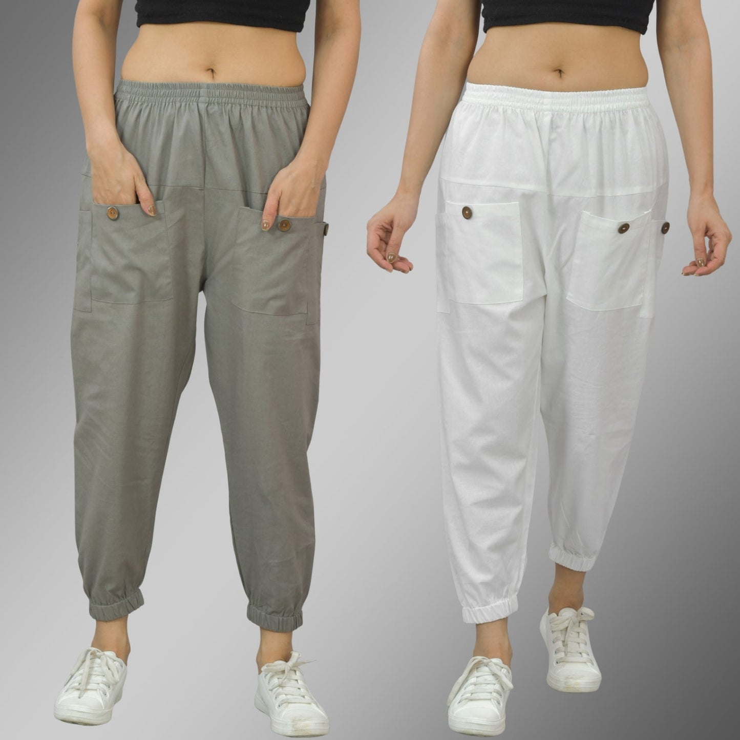 Combo Pack Of Womens Grey And White Four Pocket Cotton Cargo Pants