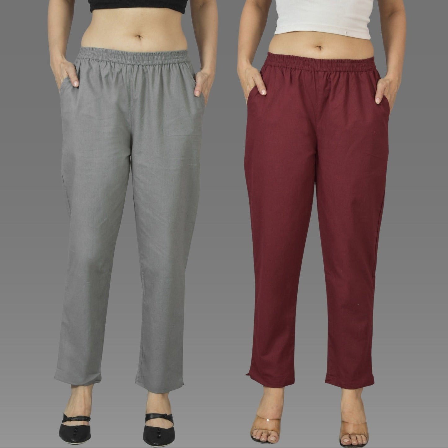 Pack Of 2 Womens Grey And Wine Deep Pocket Fully Elastic Cotton Trouser