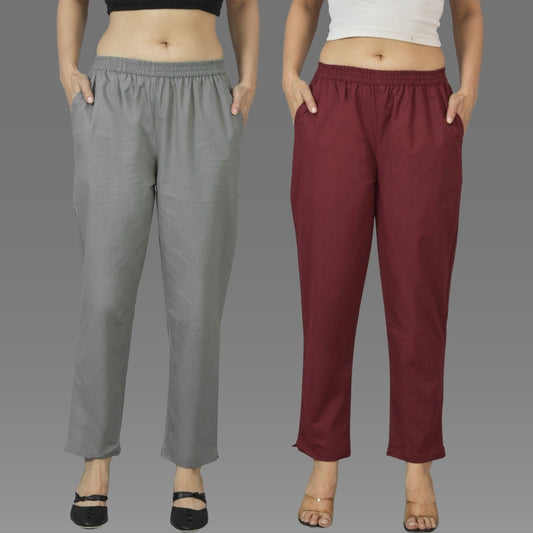 Pack Of 2 Womens Grey And Wine Deep Pocket Fully Elastic Cotton Trouser