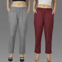 Pack Of 2 Womens Grey And Wine Deep Pocket Fully Elastic Cotton Trouser