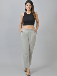 Women Regular Fit Deep Pocket Solid Melange Grey Half Elastic Cotton Pants
