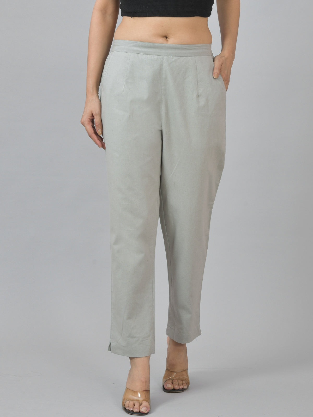 Pack Of 2 Womens Half Elastic Grey And Light Grey Deep Pocket Cotton Pants