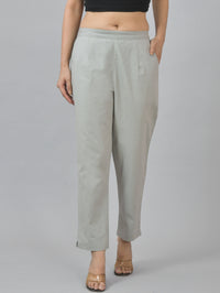 Pack Of 2 Womens Half Elastic Light Grey And Navy Blue Deep Pocket Cotton Pants