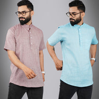 Pack Of 2 Mens Regular Fit Magenta And Sky Blue Half Sleeve Cotton Short Kurta Combo