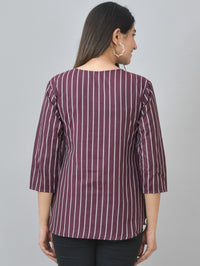 Womens Regular Fit Maroon Single Stripe Cotton Top