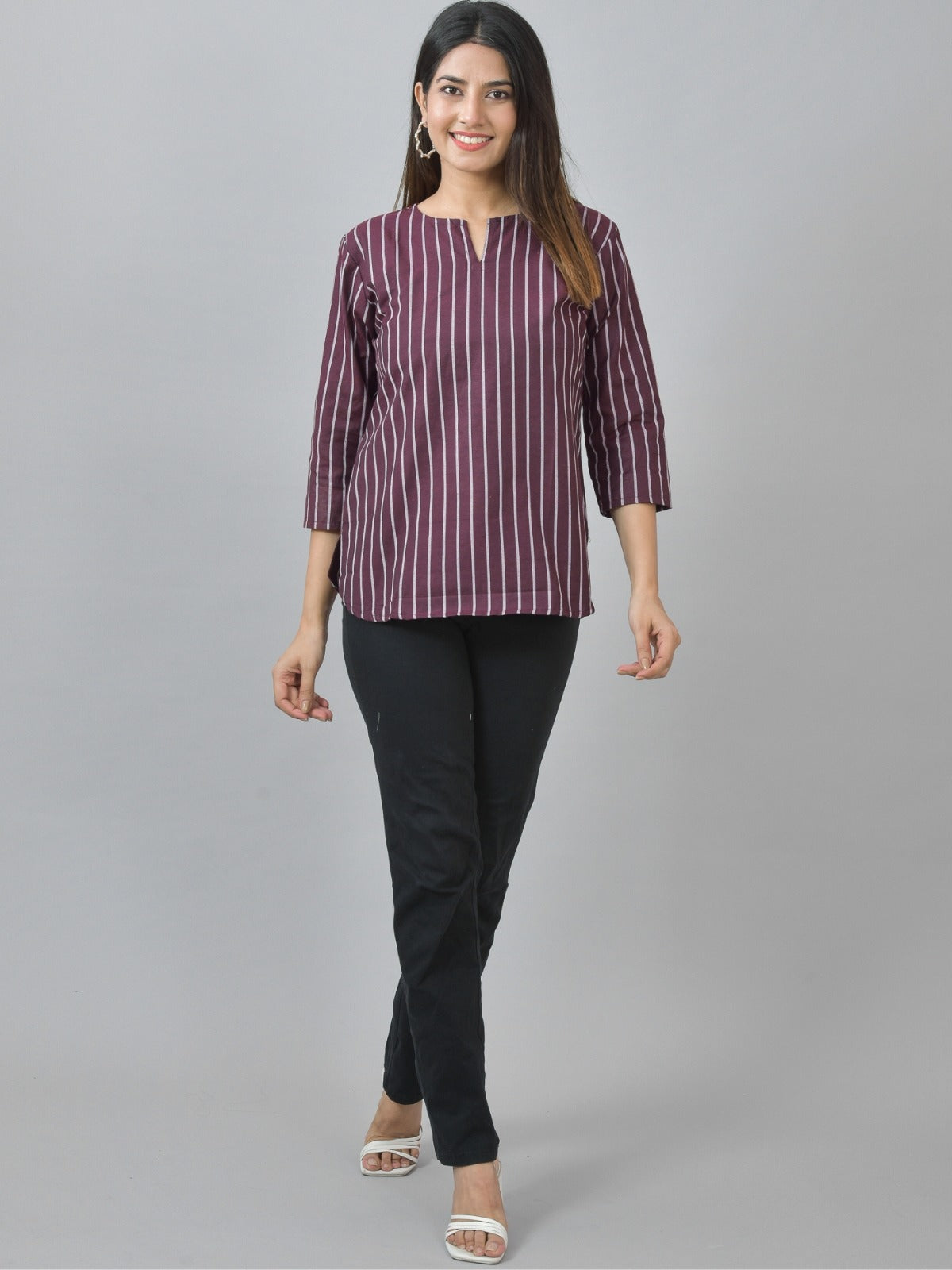 Pack Of 2 Maroon And Grey Striped Cotton Womens Top Combo