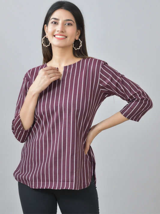 Womens Regular Fit Maroon Single Stripe Cotton Top