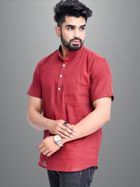 Mens Solid Maroon Khadi Cotton Short Kurta