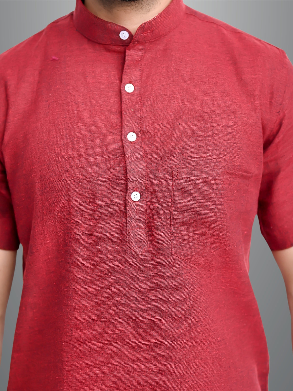 Mens Solid Maroon Khadi Cotton Short Kurta