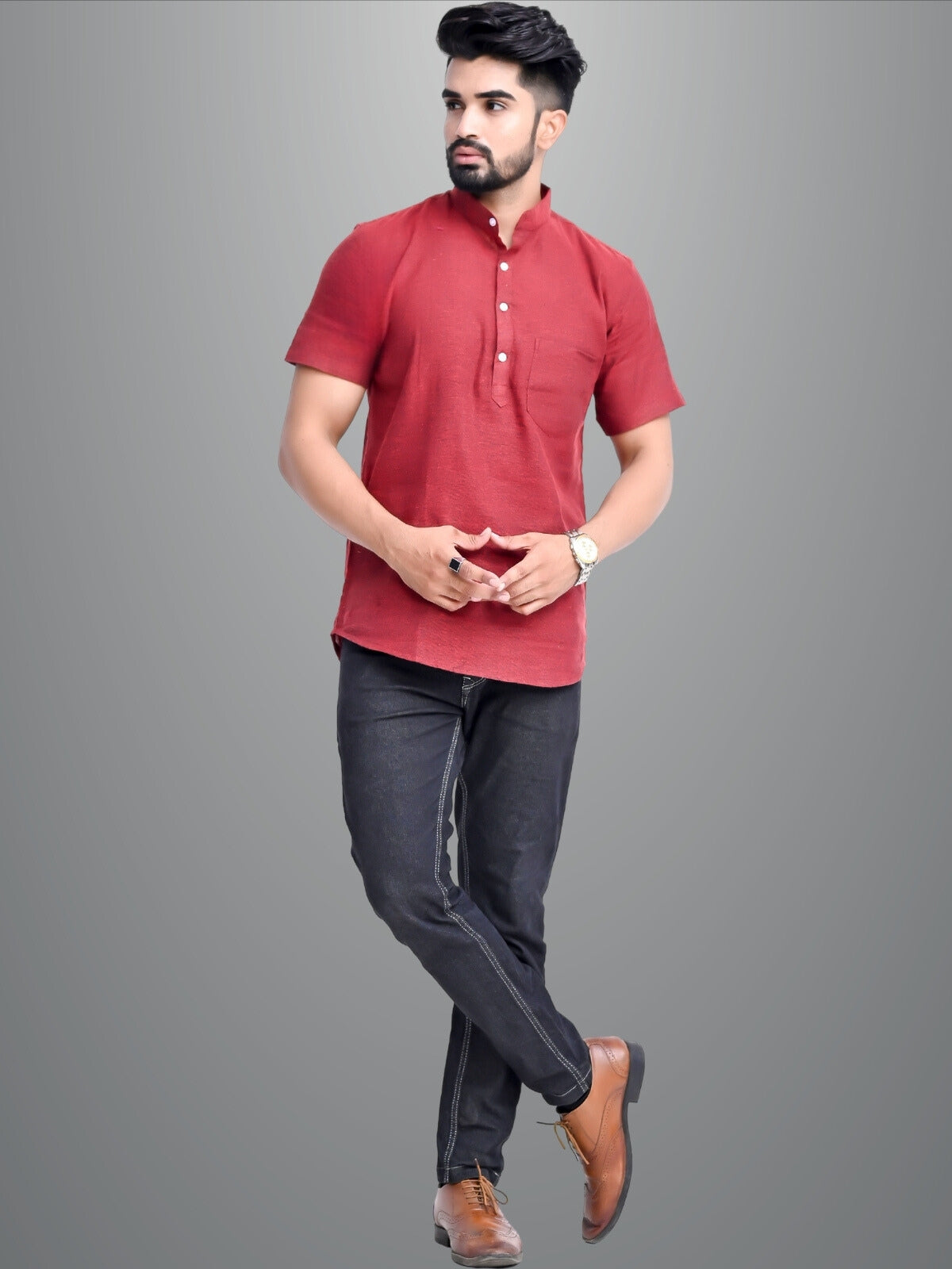 Mens Solid Maroon Khadi Cotton Short Kurta