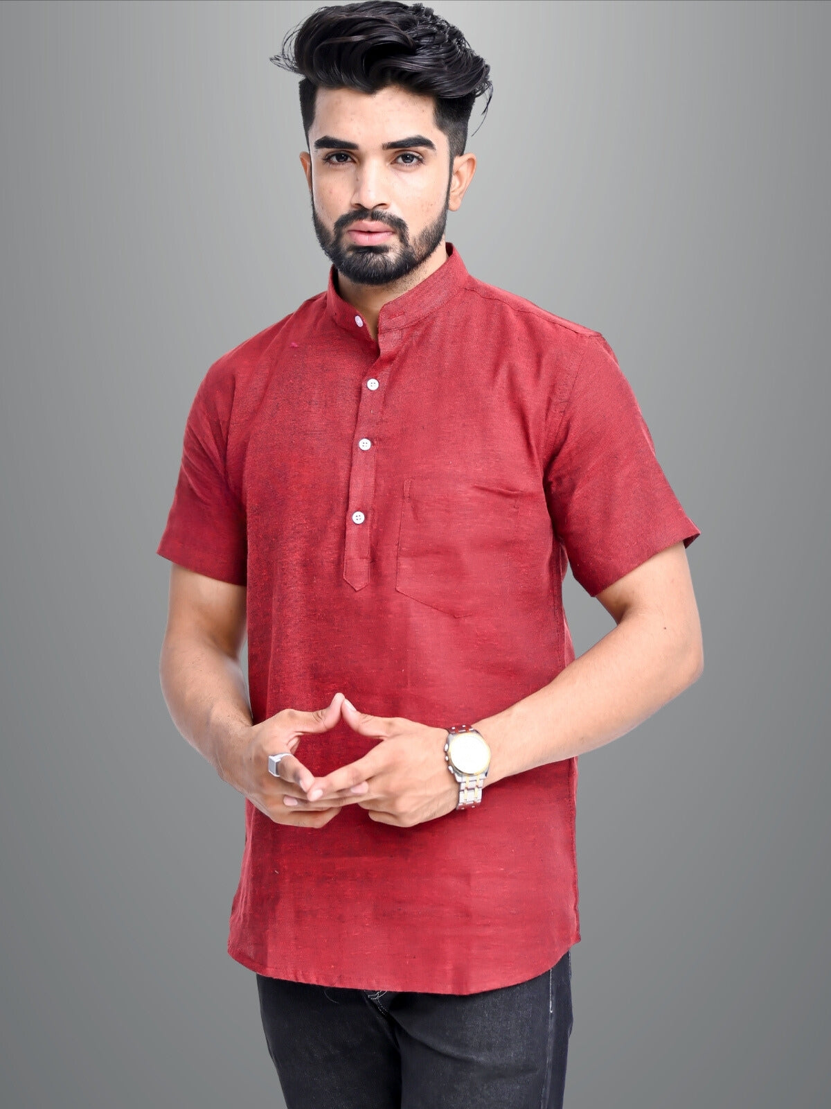 Mens Solid Maroon Khadi Cotton Short Kurta