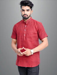 Mens Regular Fit Maroon and Parrot Green Half Sleeve Cotton Short Kurta Combo