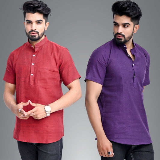 Mens Regular Fit Maroon and Dark Purple Half Sleeve Cotton Short Kurta Combo