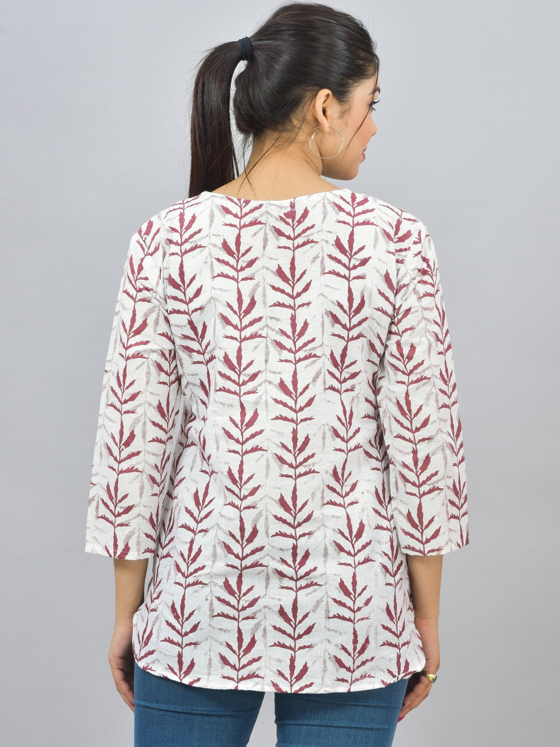 Womens Regular Fit Maroon Leaf Printed Short Kurti/Top