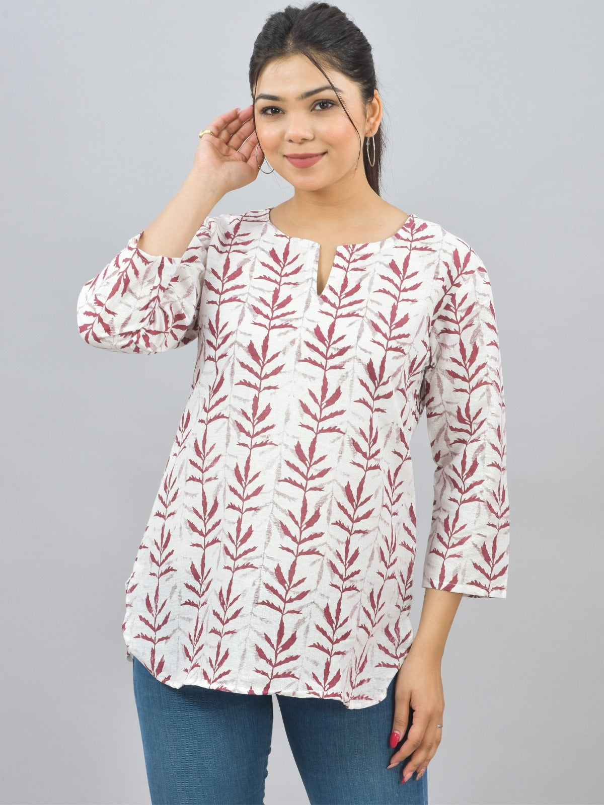 Pack Of 2 Womens Regular Fit Blue Leaf And Maroon Leaf Printed Tops Combo