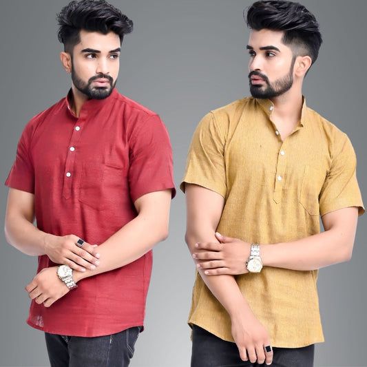 Mens Regular Fit Maroon and Mustard Half Sleeve Cotton Short Kurta Combo