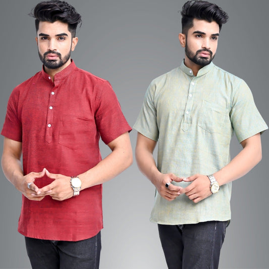 Mens Regular Fit Maroon and Ocian Blue Half Sleeve Cotton Short Kurta Combo