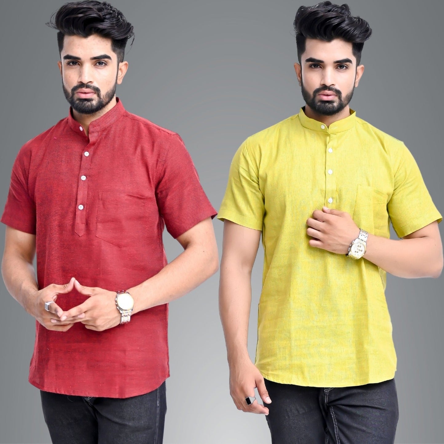 Mens Regular Fit Maroon and Parrot Green Half Sleeve Cotton Short Kurta Combo