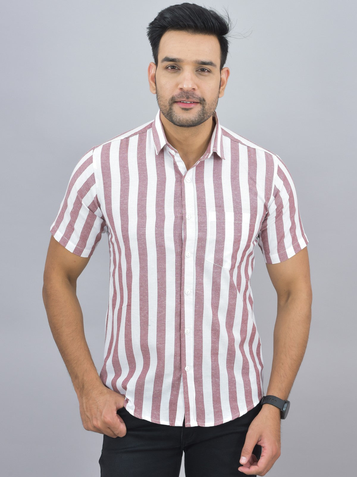 Mens Regular Fit Maroon Striped Half Sleeves Cotton Casual Shirt