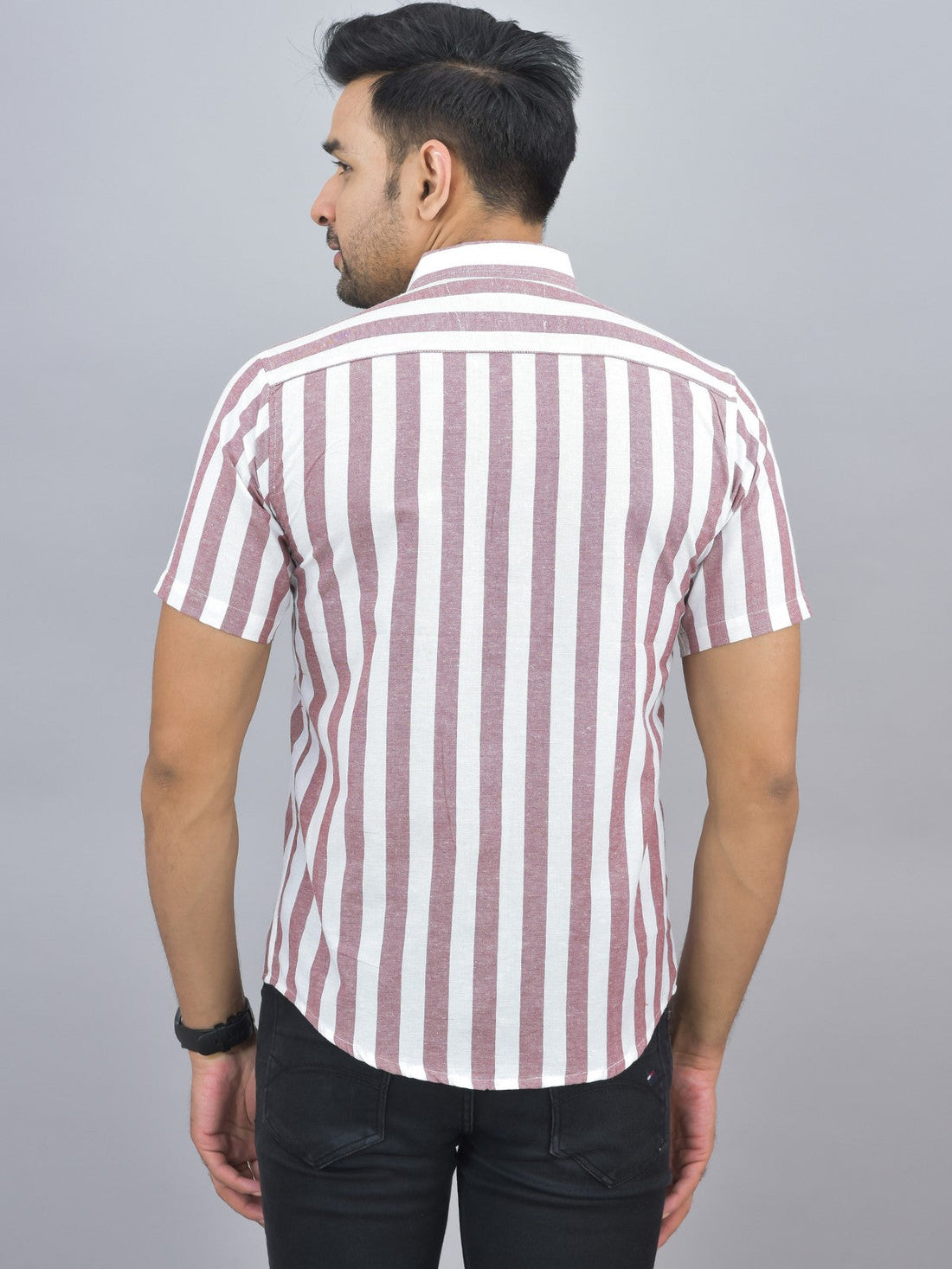 Mens Regular Fit Maroon Striped Half Sleeves Cotton Casual Shirt