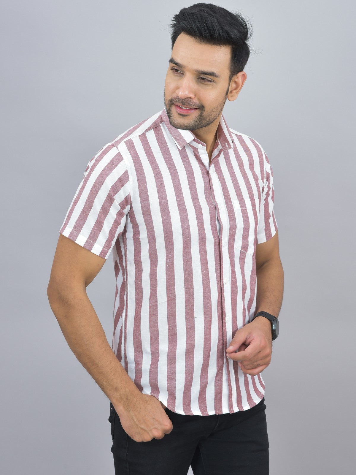 Mens Regular Fit Maroon Striped Half Sleeves Cotton Casual Shirt