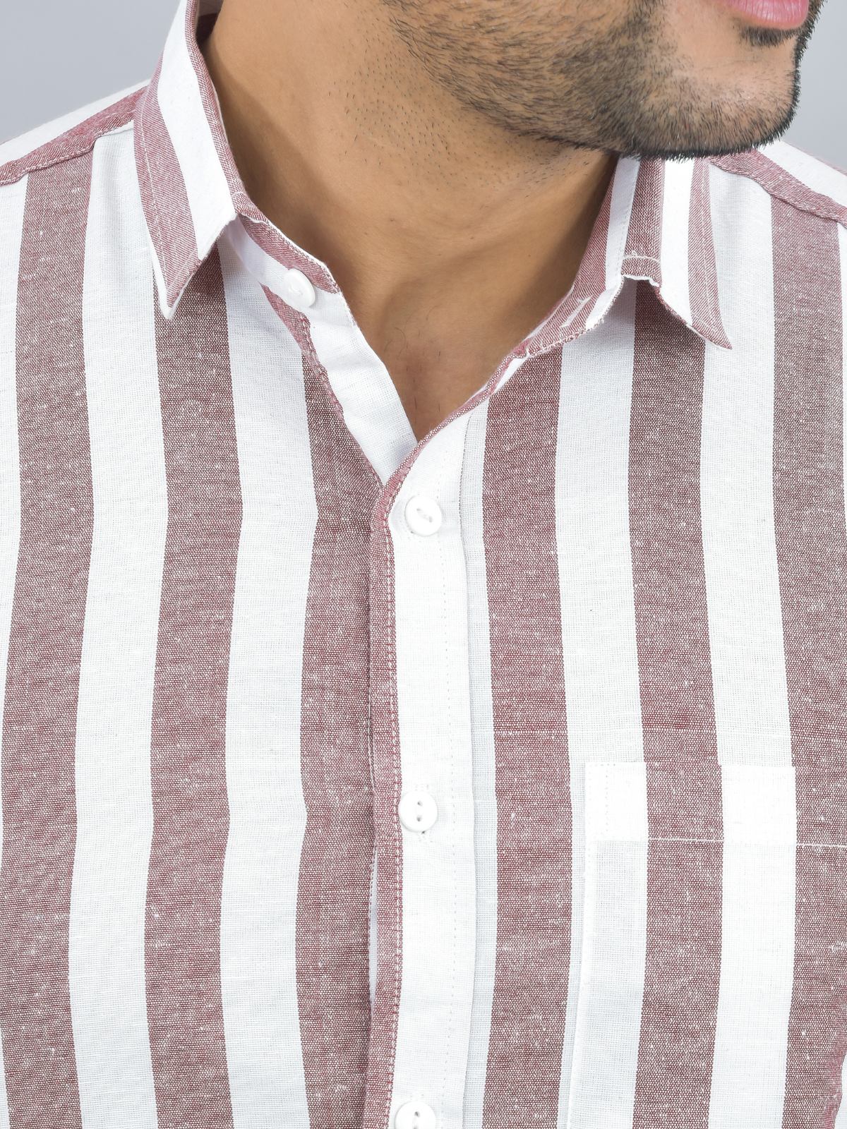 Mens Regular Fit Maroon Striped Half Sleeves Cotton Casual Shirt