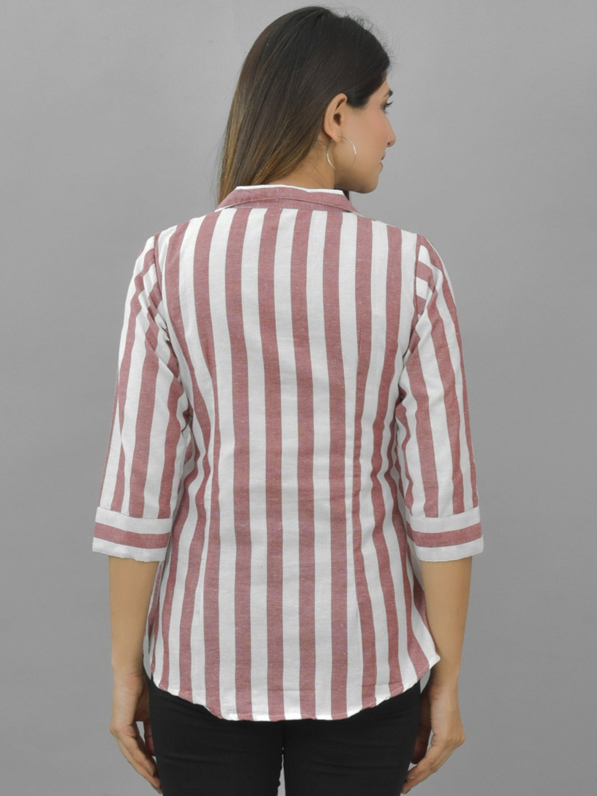 Pack Of 2 Womens Maroon And Orange Spread Collar Striped Shirt Combo