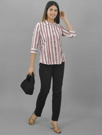 Womens Maroon Regular Fit Striped Cotton Spread Collar Casual Shirt