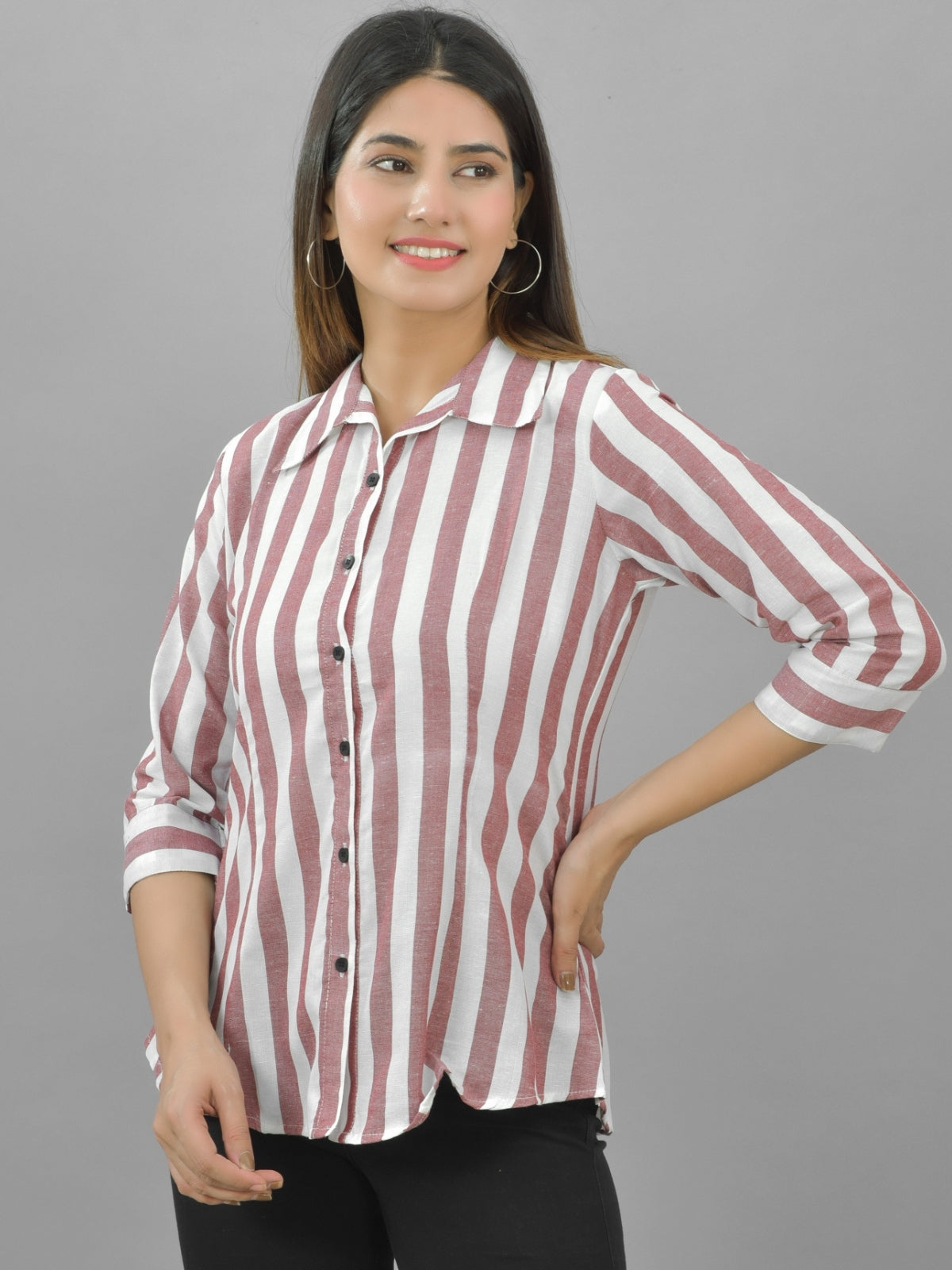 Pack Of 2 Womens Maroon And Orange Spread Collar Striped Shirt Combo