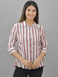 Pack Of 2 Womens Maroon And Orange Spread Collar Striped Shirt Combo