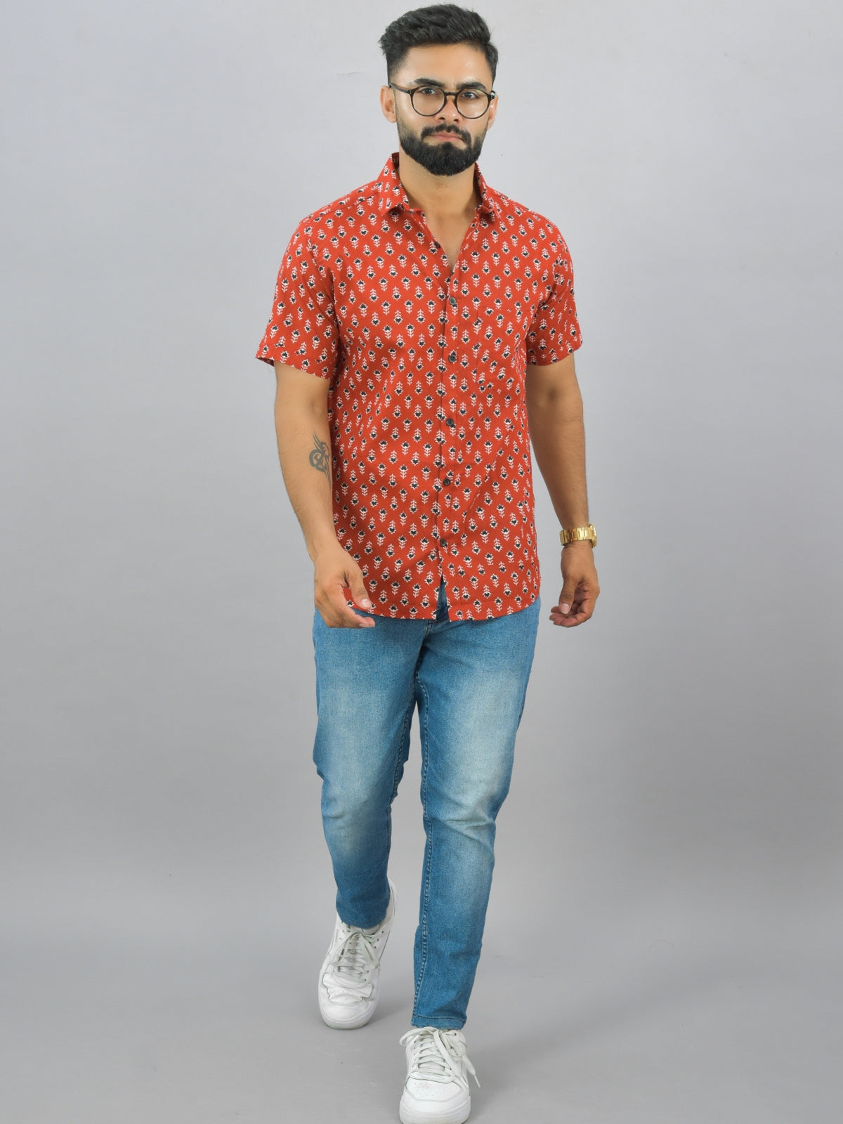 Mens Regualr Fit Half Sleeves Maroon Floral Printed Cotton Shirt