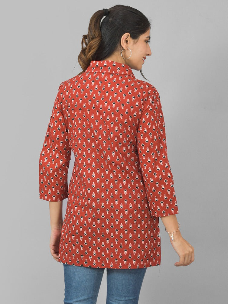 Women Maroon Floral Printed Cotton Spread Collar Short Kurti
