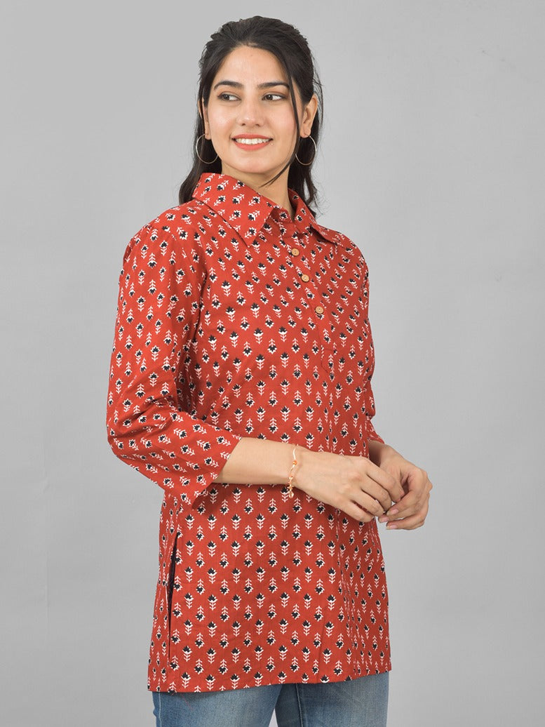 Women Maroon Floral Printed Cotton Spread Collar Short Kurti