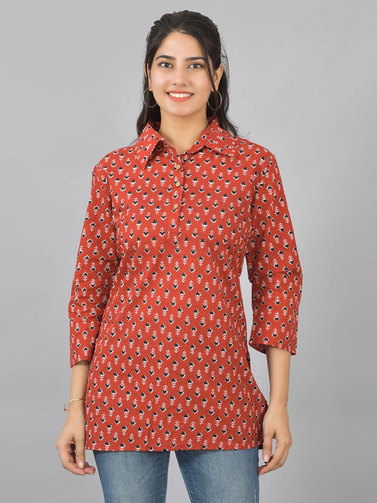 Women Maroon Floral Printed Cotton Spread Collar Short Kurti