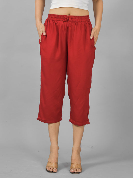 Women Solid Maroon Rayon Calf Length Culottes Trouser