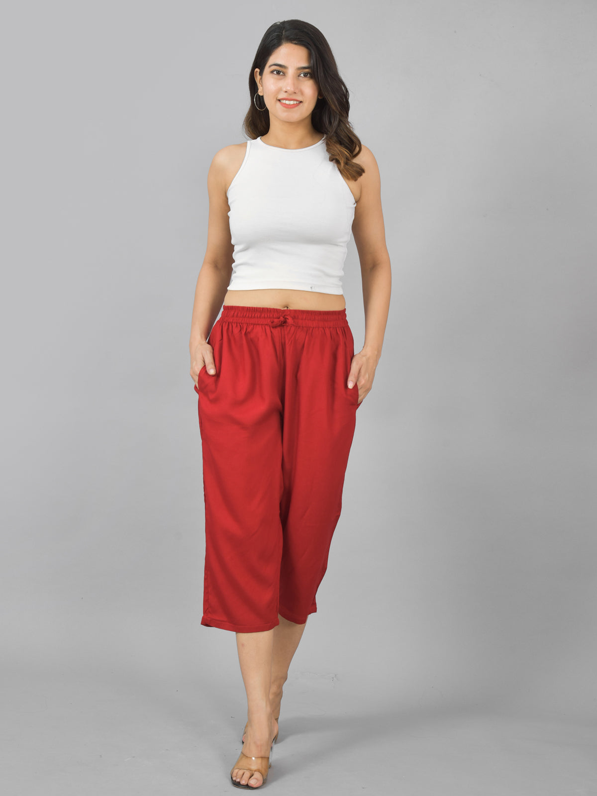 Pack Of 2 Womens Maroon And Wine Calf Length Rayon Culottes Trouser Combo