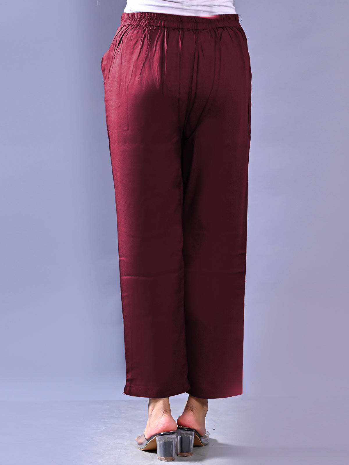 Women Regular Fit Maroon Rayon Trouser