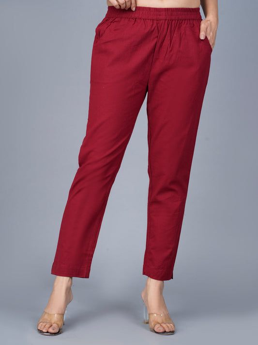 Women's Maroon Regular Fit Elastic Cotton Trouser