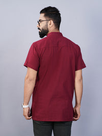 Mens Regular Fit Solid Maroon Cotton Straight Short Kurta